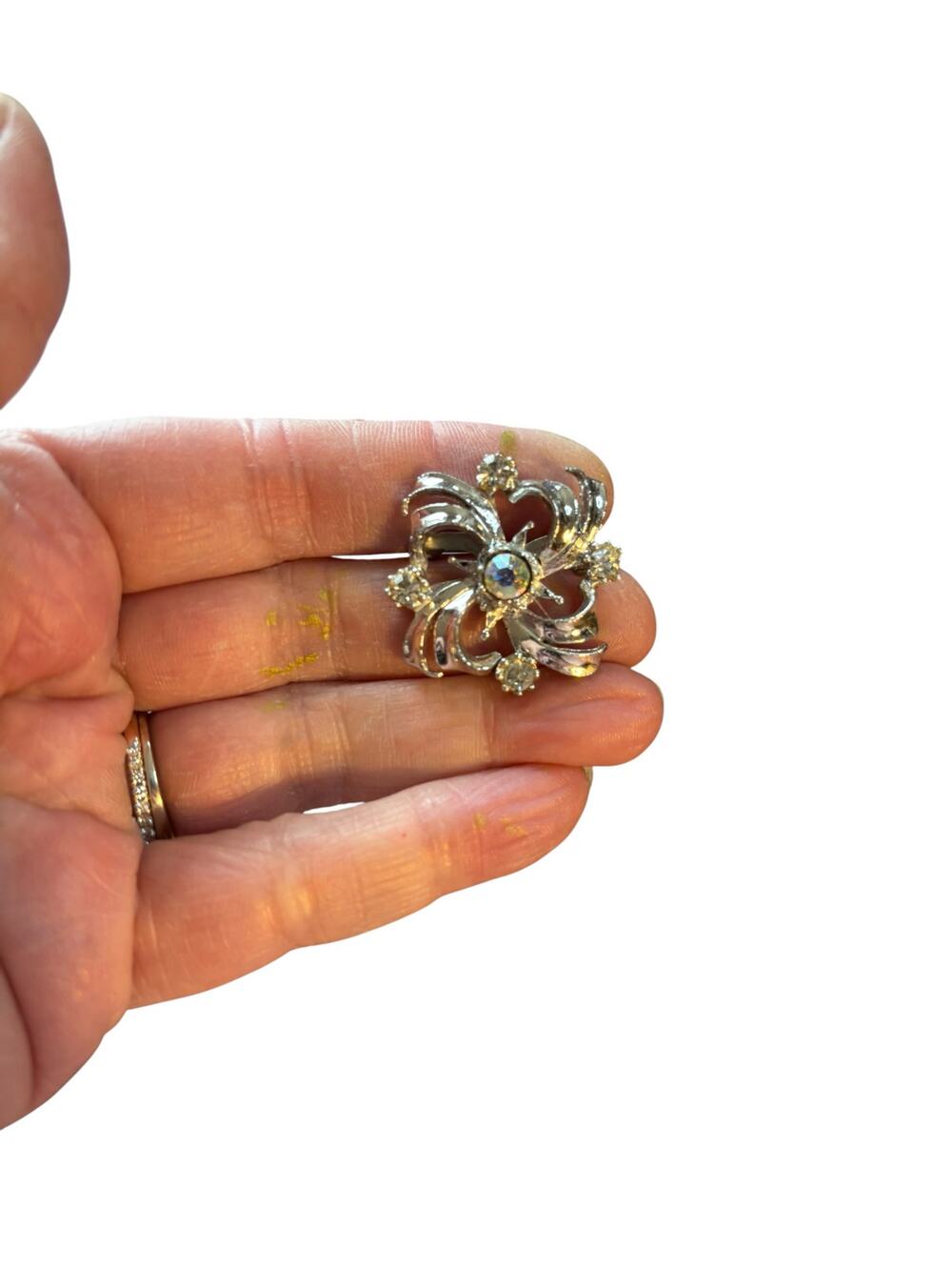 Vintage Rhinestone Swirl Brooch Aurora Borealis Crystal Silver Tone Mid Century